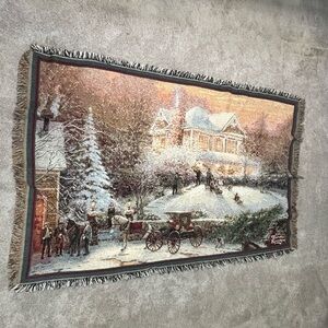 THOMAS KINKADE Green Multi Winter Scene Tapestry Throw Blanket USA 46” X 68”